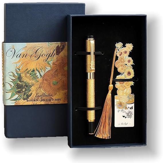 Oil Painting Metal Bookmarks with Pens Gift Set. Elegant Golden Hollow Bookmarks for Book Lovers, Writers, Readers. Perfect Gift for Kid and Family, Gift Packing with Greeting Card (Sunflowers)