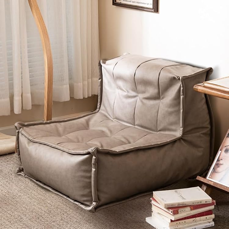 Bean Bag Chair No Filler Bean Bag Cover PU Leather Single Lazy Sofa Cover Bean Bag Sac Pouf Chair Adults Beanbag Chair Lazy Armchair Couch Floor Seating Living RoomKhaki