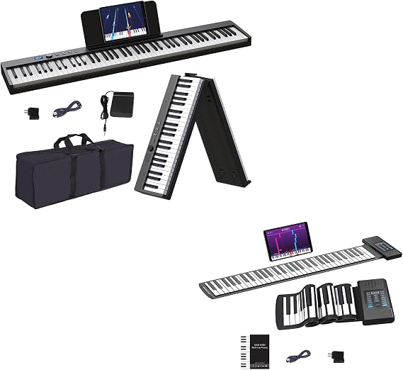 KONIX Folding Piano Keyboard 88 Key Bundle 61 Key Roll Up Piano