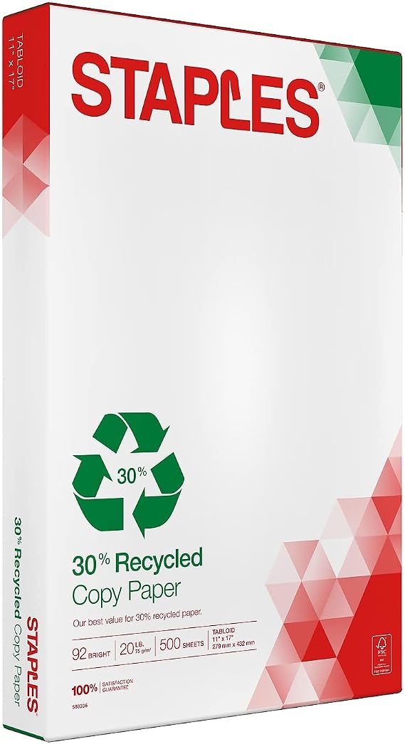 Staples 30% Recycled Copy Paper, 11x17 Inch, 20 lb., 92 Bright, 500 Sht
