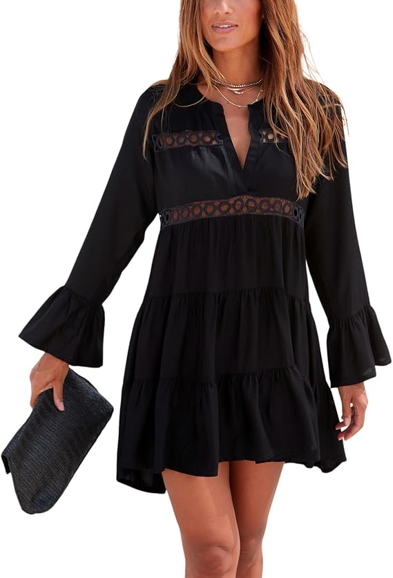 LASCANA Womens Long Sleeve Flowy Dress V-Neck Panel, Sheer Lace Detail, Tiered Skirt, Flared Cuffs, Lightweight Fabric