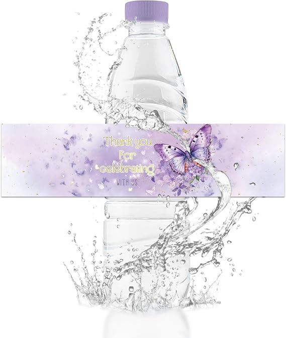 Waterproof Water Bottle Labels,50Pcs Happy Birthday Water Bottle Stickers Purple Butterfly Wraps Bottle Decor for Wedding Birthday Party