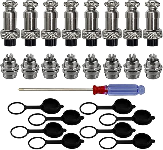 FULARR 8Pcs Premium GX12-5 Pin Aviation Connector Plug Adapter, 5A 12MM Thread Male Female Metal Panel Aviation Wire Connector Kit, with Rubber Protector Cap and Phillips Screwdriver
