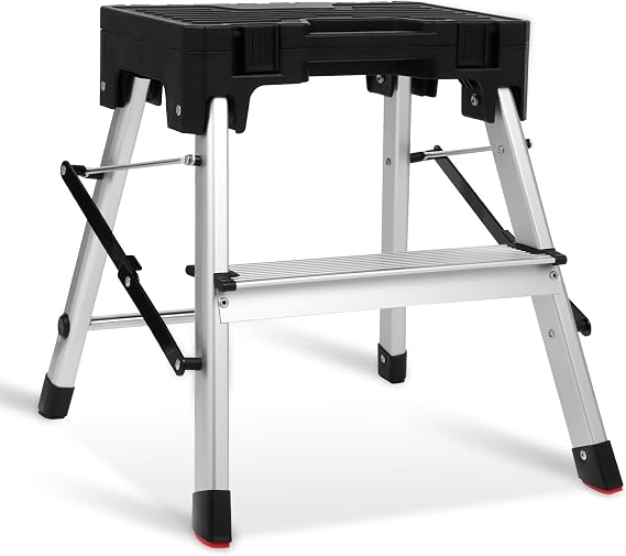 Two Step Ladder, Folding Aluminum Step Stool with Wide Pedal & Built-in Tool Box, 330 lbs Capacity Sturdy&Portable 2 Step Ladder for Home Kitchen, Bedroom, Office, Library, Workplace