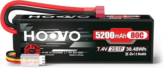 HOOVO 2S 7.4V 80C 5200mAh LiPo Battery Pack Hard Case with T Plug Connector for RC Buggy Vehicles Car Boats Trucks Duratrax