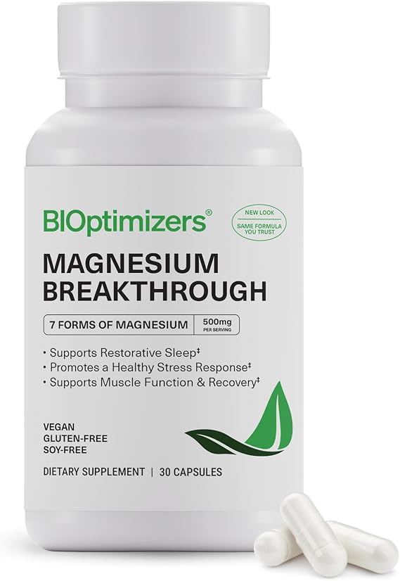 BIOptimizers Magnesium Breakthrough Supplement with 500mg - 7 Forms of Magnesium: Glycinate, Malate, Citrate, and More - Natural Support for Sleep and Cognitive Function -30 Capsules- Calming Vitamins