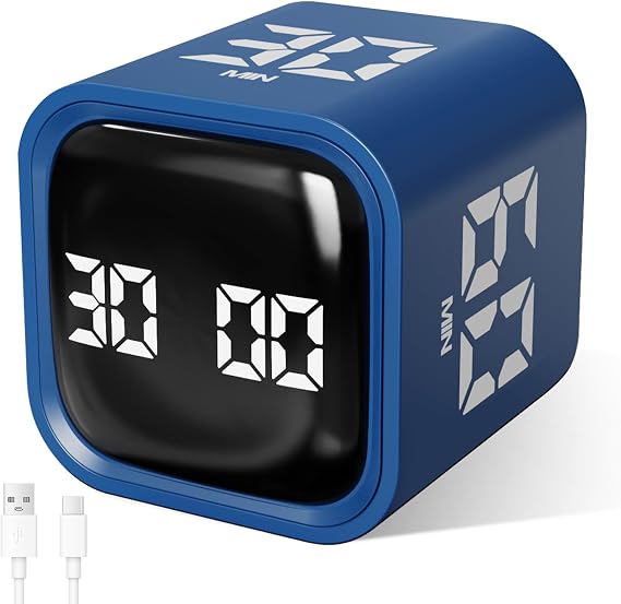 Cuteefun Rotating Cube Timer, Pomodoro Timer Desk, 5/10/30/60Min, Blue