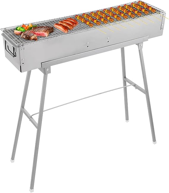 IRONWALLS Portable Charcoal Grills, 32" x 8" Stainless Steel Folded Camping Grill Kebab Skewer Barbecue Grill Kit for Garden Backyard Party Picnic Travel Home Outdoor Cooking Use