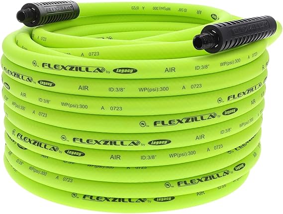 Flexzilla Air Hose, 3/8 in. x 100 ft., 1/4 in. MNPT Fittings, Heavy Duty, Lightweight, Hybrid, ZillaGreen - HFZ38100YW2