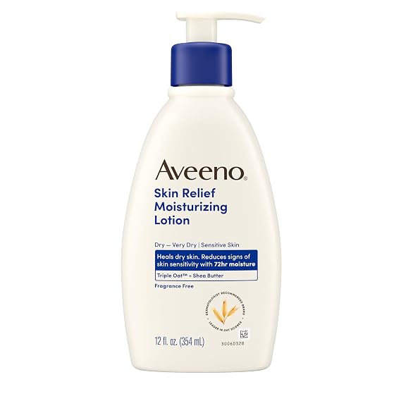 Aveeno Skin Relief Moisturizing Lotion, Fragrance-Free, 12 fl. oz | Triple Oat & Shea Butter Formula, Fast-Absorbing, Non-Comedogenic, For Very Dry Sensitive Skin
