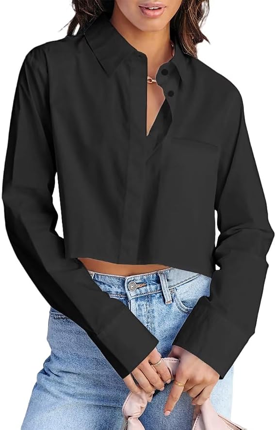 INFITTY Button Down Shirts for Women Long Sleeve Cropped Blouse Tops