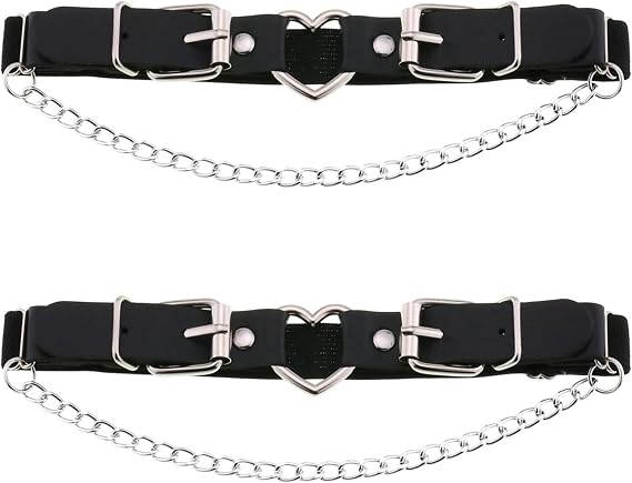YunPeng Women's Adjustable Leather Leg Garter Belt,Gothic Heart with Chains Leg Thigh Elastic Garter 2PCs