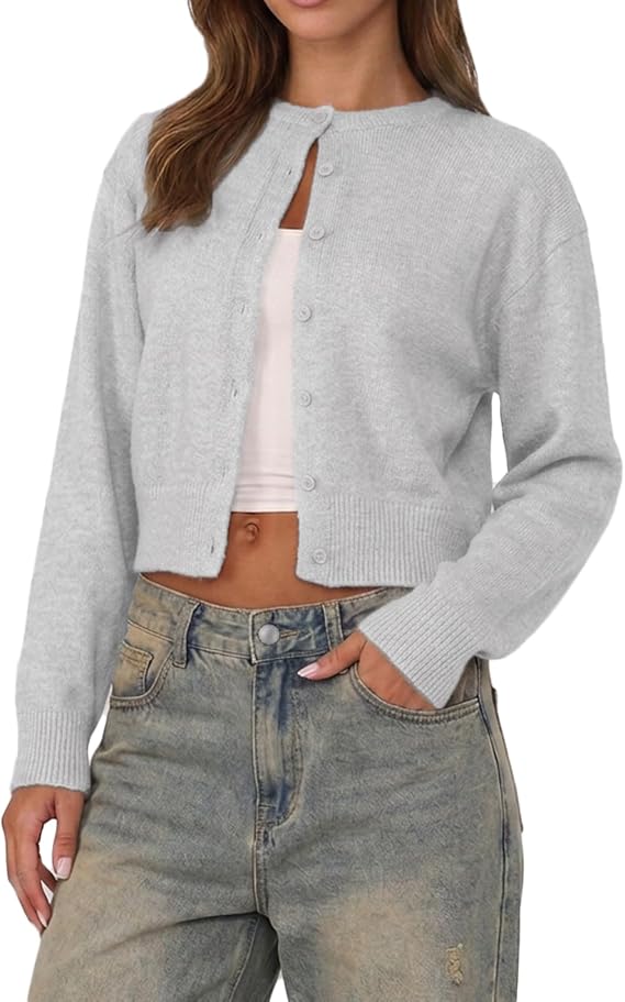 Women Y2K Button Front Crop Sweater Cardigan Solid Color Crew Neck Long Sleeve Knit Fall Tops Streetwear