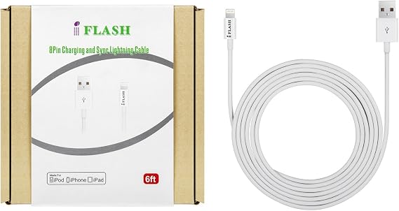 iFlash Extra Long 6ft Apple Certified MFi 8-Pin Lightning to USB cable (6-Foot) Made for iPhone 5 5s 5c, iPad (4th generation), iPad Air, iPad mini, iPad mini with Retina Display, iPod touch (5th generation), iPod nano (7th generation) (White)