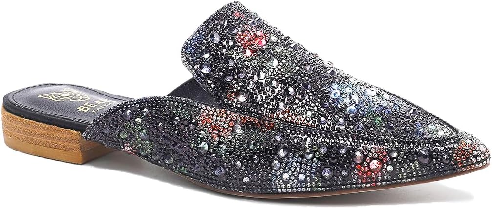 Womens Rhinestone Slip-On Mules Flat Mules Buckle Pointed Toe Backless Slip on Slides Loafer Shoes