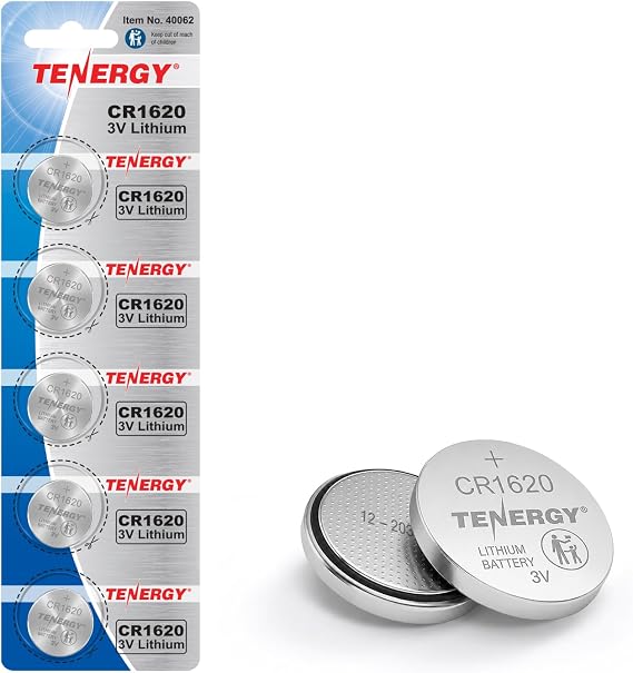 Tenergy CR1620 3V Lithium Button Cell Battery, for Car Keys, Watches, Calculators, Remote Controls, 5 Count