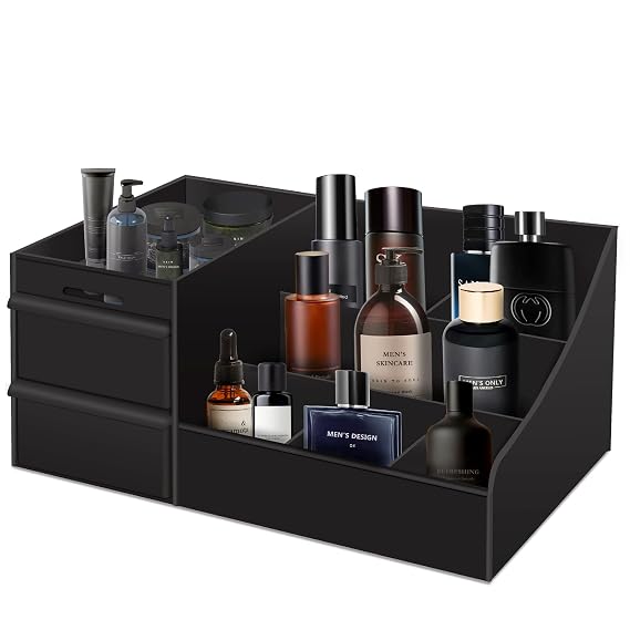 Black Cologne Organizer for Men - Large Countertop Organizer with Drawers for Cologne, Perfume, Shaving & Skincare - Bathroom & Vanity Storage, Ideal Gift for Boyfriend, Husband, Dad & Friends