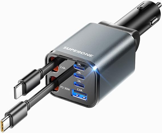 [Upgraded] 6 in 1 Retractable Car Charger with USB-C & Apple Cables