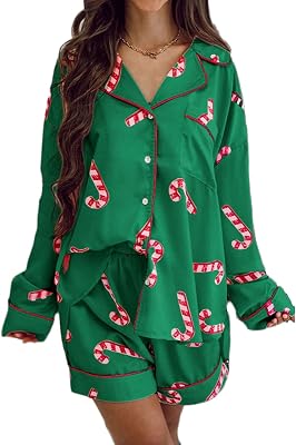 NVRENJIA Women Christmas Pajamas Set Cute Printed Pjs Long Sleeve Shirt Shorts Holiday Lounge 2 Piece Sleepwear
