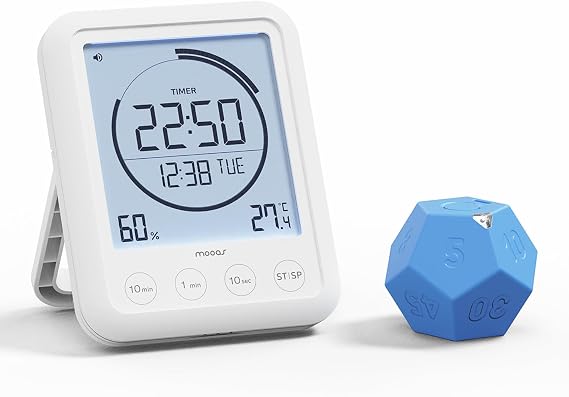 mooas Visual Timer Clock + Dodecagon Time Ball (Blue), Waterproof Shower Timer, Large Display, Temp & Humidity, Rechargeable 11-Preset Timer, Sound/Vibrate/Mute Alarm, Pomodoro Desk Productivity Timer