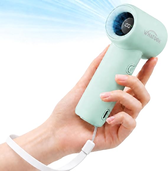 WHATOOK Portable Handheld Fan, High Speed Turbo Mini Fan with 5 Speeds, 3000mAh USB-C Rechargeable Personal Fan, LED Digital Display, Small Pocket Fan for Travel, Camping, Concerts, Makeup (Green)