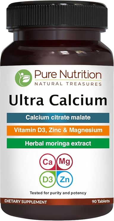 Pure Nutrition Ultra Calcium 1000mg with VIT D3 + K | 90 Tab | Highly absorbable Calcium Supplement with Calcium Citrate Malate, VIT D3, K (90 Count (Pack of 1))