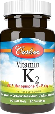 Carlson - Vitamin K2 MK-7 Menaquinone, 45 mcg, Bone Support, Calcium Bioavailability, K2 Vitamin, Vitamin K-2, 90 Softgels