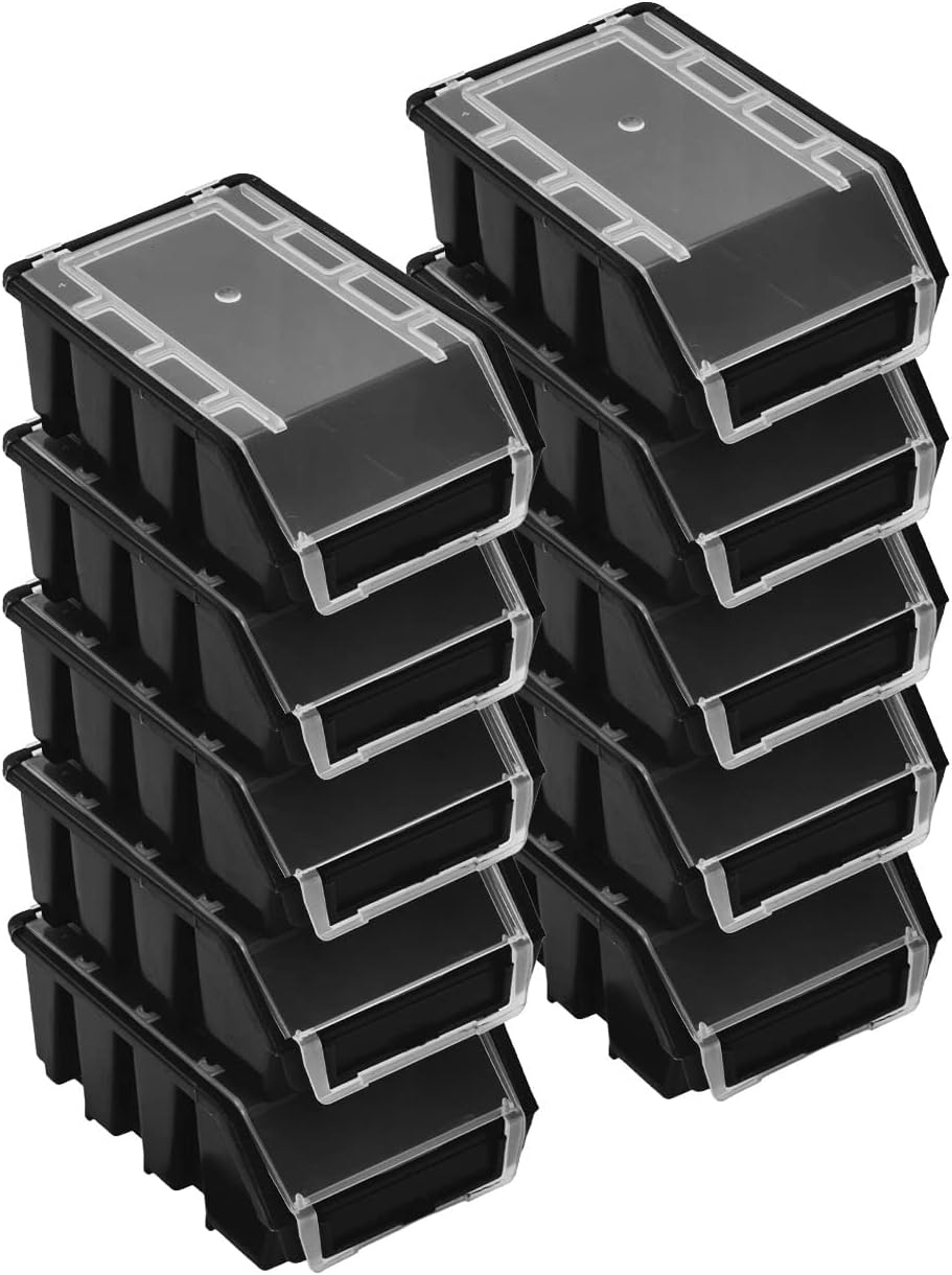 PAFEN Stapelboxen Set – 10x Stapelbox mit Deckel 160 x 75 x 115 mm – Sichtbox Stapelbox für Werkzeugwand Lagerbox Schwarz
