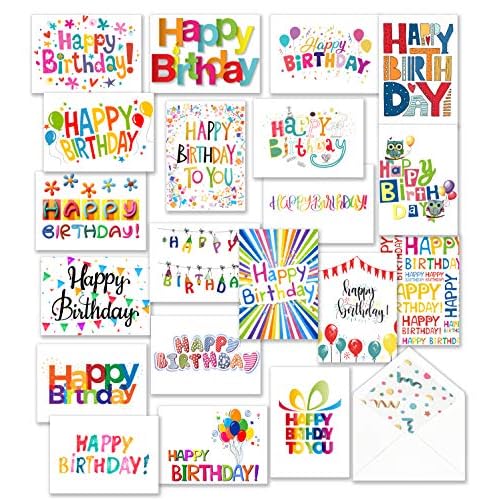 100 Happy Birthday Cards Bulk, Blank Inside with Envelopes and Stickers, – 20 Unique Bright Colorful Designs Notes, Large 5x7 Inches Folded, Thick Cardstock in a Sturdy Packaging