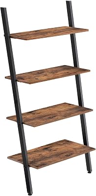 VASAGLE Ladder Shelf, 4-Tier Bookshelf, Storage Rack Shelves, for Living Room, Kitchen, Office, Steel, Stable, Sloping, Leaning Against The Wall, Industrial, Rustic Brown and Black