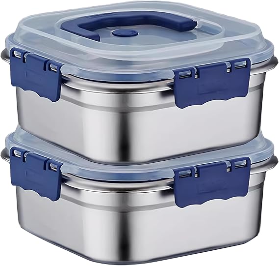 2PCS Kimchi Containers, 1.8L Stainless Steel Airtight Containers with Lids & Handle & Buckle Oven Safe for Roasting, Brining, Meal Prep, Storing