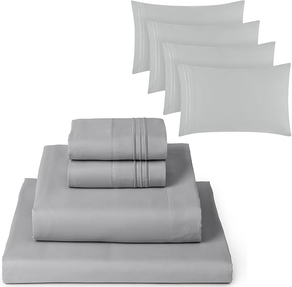 Mellanni 4PC Bed Sheet Set + 4 Pillowcases Bundle&Save - Iconic Collection Bedding - Bundle Includes: 1 Flat Sheets, 1 Fitted Sheet and 6 Pillow Cases (Queen, Light Gray)