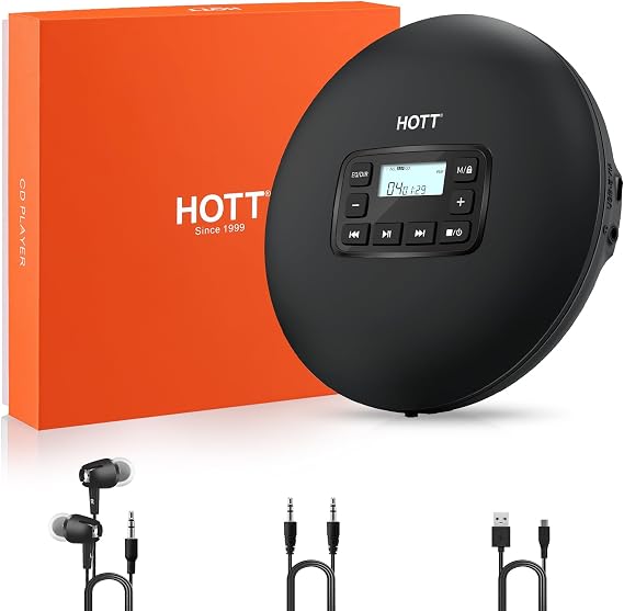 HOTT C204 Basic Portable CD Player with Anti-Skip Protection - AA Battery Powered, Compact MP3/CD-R Compatible, Headphones & AUX Output for Car, Home, Travel