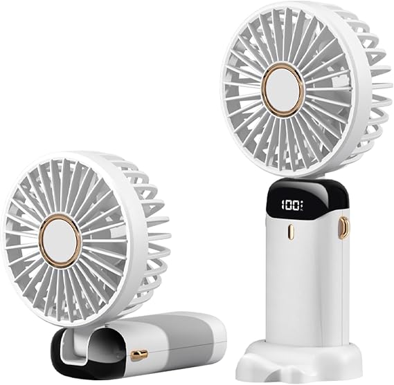 Anncain Taşınabilir El Vantilatörü, Mini Katlanabilir Masa Üstü Vantilatör, 5 Hızlı USB Şarj Edilebilir Vantilatörler, LED Ekranlı Ev Ofis Seyahat için Pil ile Çalışan Mini El Vantilatörü (Beyaz)