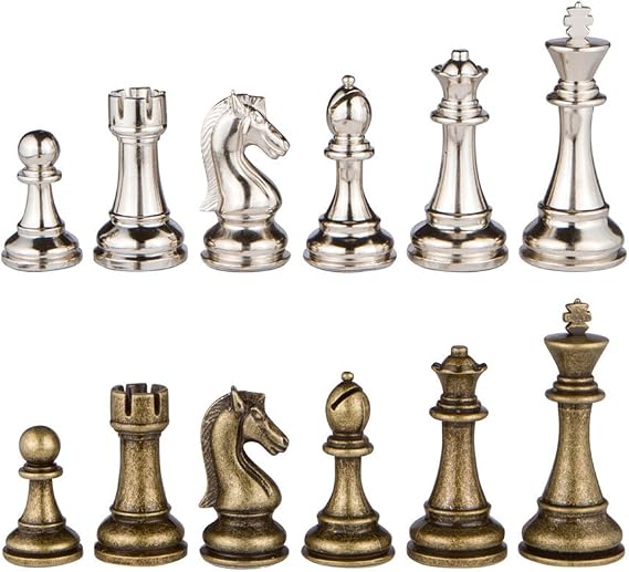 Mars Silver and Bronze Metal Chess Pieces with 3 Inch King and Extra Queens, Pieces Only, No Board