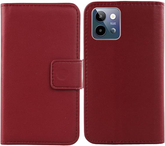 Premium Genuine Real Flip Folder Folio Leather Case For Lava Storm Lite 5G 6.75" Business Phone Protection Protector Cover Skin (Dark Red)