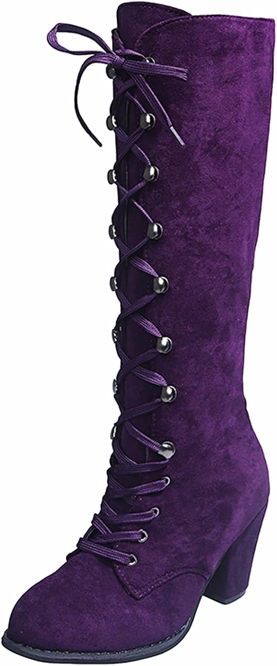 Women's Cowgirl Vintage Gothic Mid Calf Boots Casual Zipper Thick High Heels Booties Winter Warm Shoes