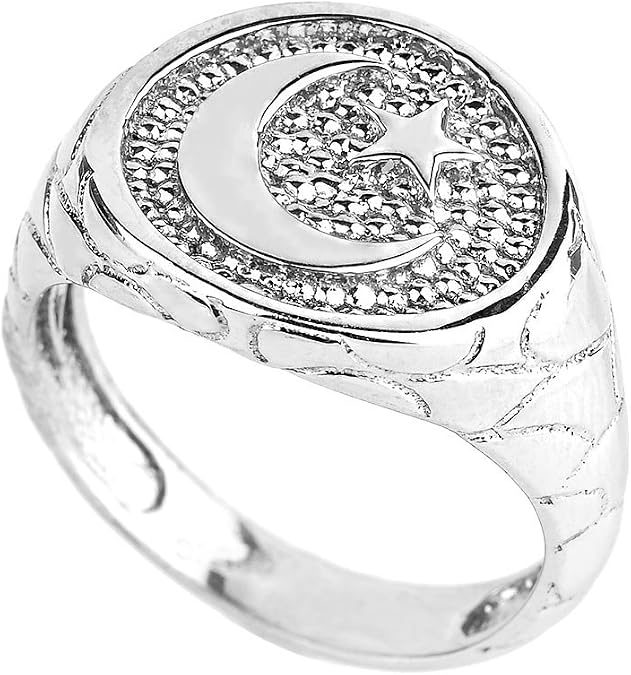 Men's 925 Sterling Silver Islamic Crescent Moon and Star Ring