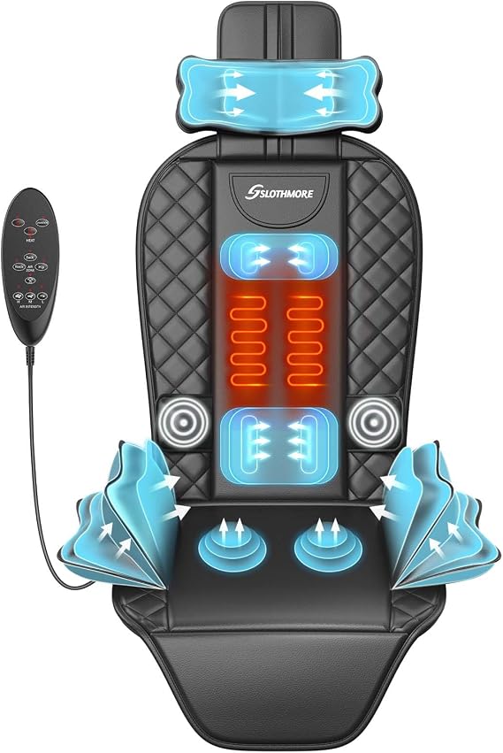 Back Massager with Heat & Traction & Vibration, Seat Massager Pad for Pain Relief Deep Tissue, Lumbar Traction, PU Leather, Foldable, for 5 to 61, Massage Chair Pad for Office Home