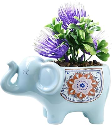 Ceramic Succulent Planter, Animal Cactus Small Flower Pots with Drainage Cute Elephant Bonsai Pot for Desktop Windowsill Indoor Outdoor Decor Blue