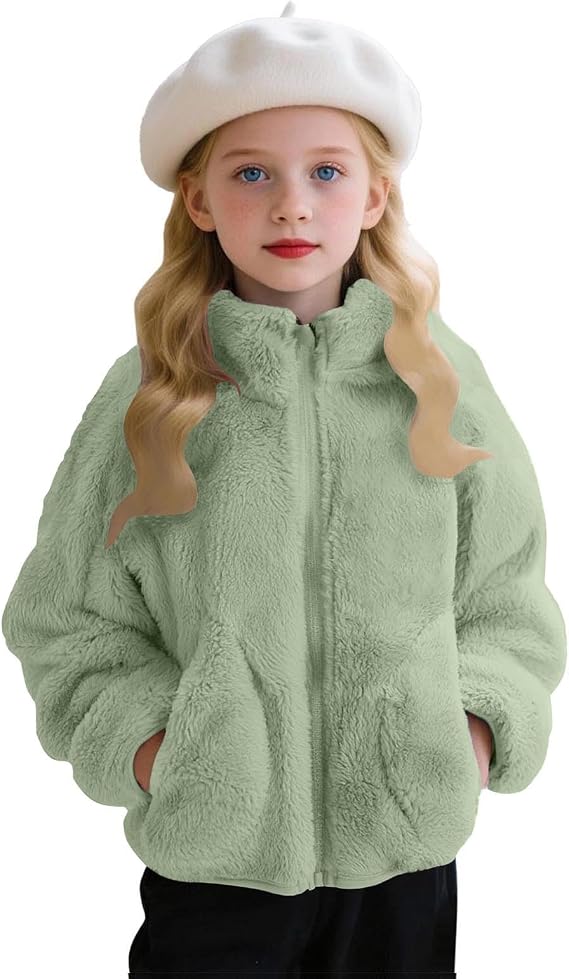Girls Fleece Jacket Kids Zip Up Stand Collar Cute Sherpa Coat with Pockets Fall Winter Soft Warm Fuzzy Plush Outwear
