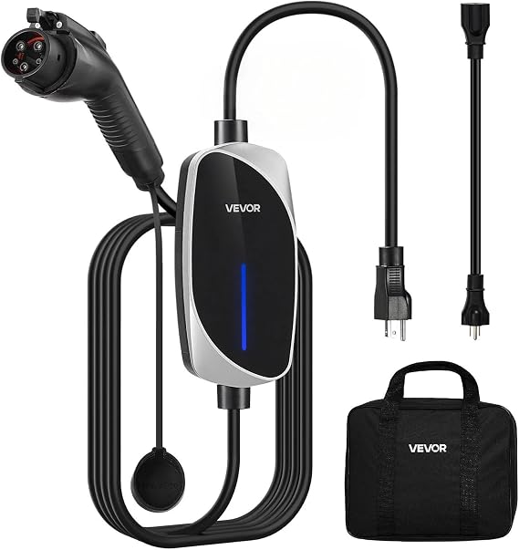 VEVOR Level 1&2 EV Charger, 16 Amp, Electric Vehicle Portable Charger with 25 ft Charging Cable, 120V-240V, NEMA 6-20P Plug NEMA 5-15 Adapter, LED Indicator, Home Car Charging Station for SAE J1772 EV | NEMA 5 15 Adapter and LED Indicator Support SAE J1772 Electric Vehicles, Enabling Safe Charging at Home or while Traveling