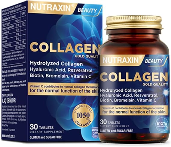 Nutraxin Collagen Gold Quality Tablet – Hidrolize Kolajen, C Vitamini, Hyaluronik Asit, Biotin, Çinko ve Resveratrol – 30 Tablet