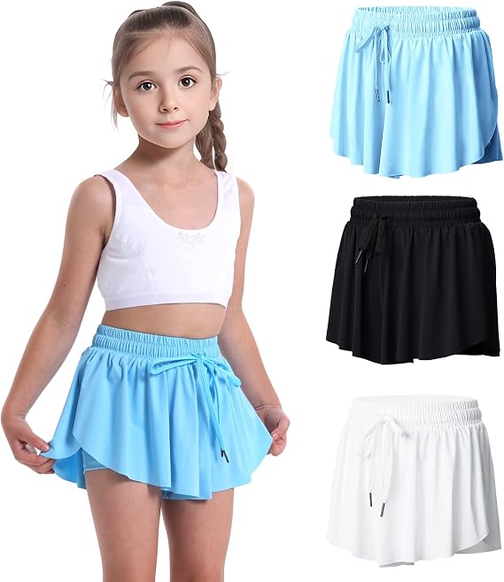 3 Pack Girls Flowy Shorts 2 in 1 Butterfly Skirt Shorts with Pockets for Dance School Wear Running Gym Fitness Sleep