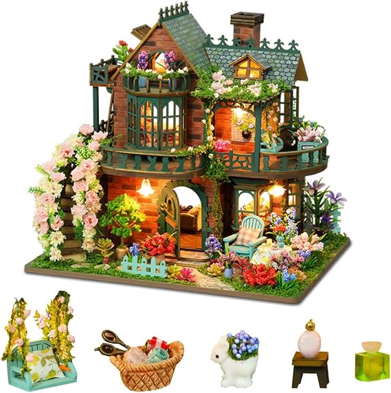 DIY Miniature Dollhouse Kit Forest Cottage Dollhouse Handcrafted Wooden Miniature House with LED Lights, for Adults Unique Gifts for Teens (Fairy Garden)