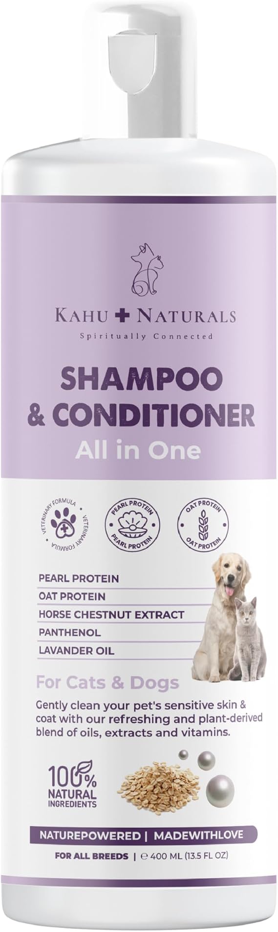 Kahu Naturals All in One Shampoo Moisturizer, Dog and Cat, Pearl and Oat Protein, Horse Chestnut, Panthenol, 100% Natural, 400 ml