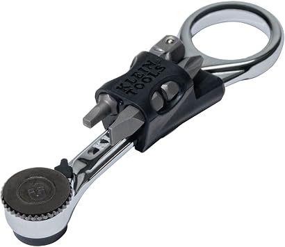 Klein Tools 65200MAG Slim-Profile Magnetic Mini Ratchet, 90-Tooth Ratchet Screwdriver Set with 1/4-Inch Nut Driver, 4 Bit Storage, Includes Phillips, Slotted, Square, and Nut Driver Adapter