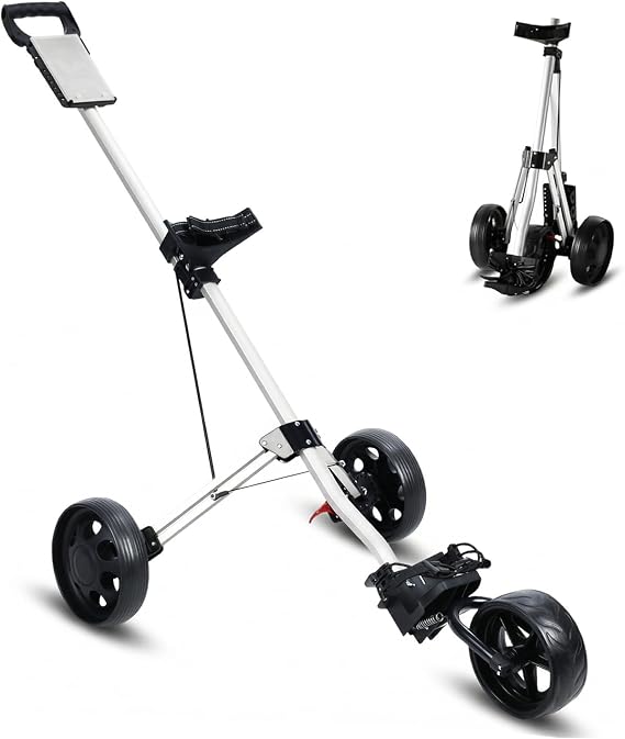 Golf Push Cart, 3 Wheel Golf Trolley, Foldable Walking Golf Cart with Foot Brake Mechanism, Lightweight Aluminium Golf Push Trolley with Scorecard Holder, Tee Holder, Ball Mount