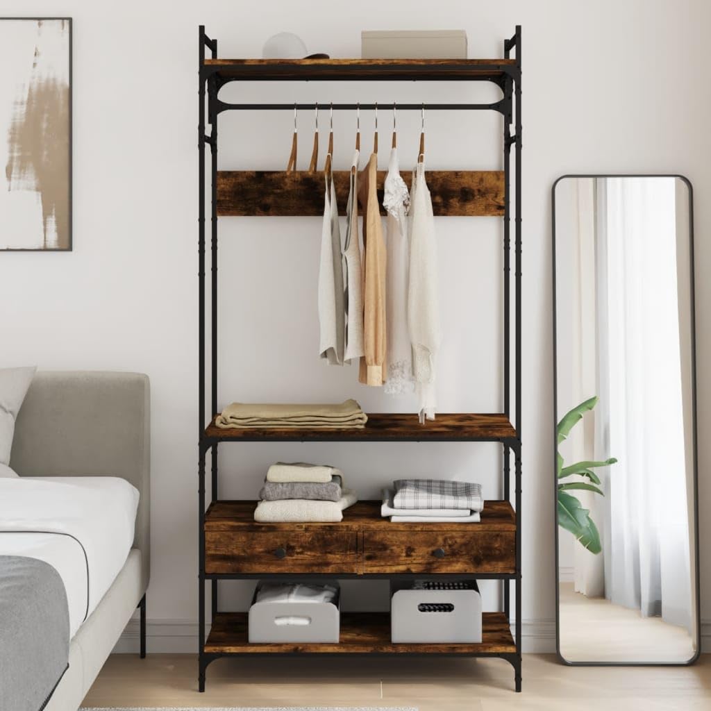 Wardrobe Smoked Oak Engineered Wood, Cabinet for Storage Clothes, Lockable Hanger & Locker, Bedroom & Closets, Stand, Almirah, Room, 15.4 x 35.0 x 72.6 in