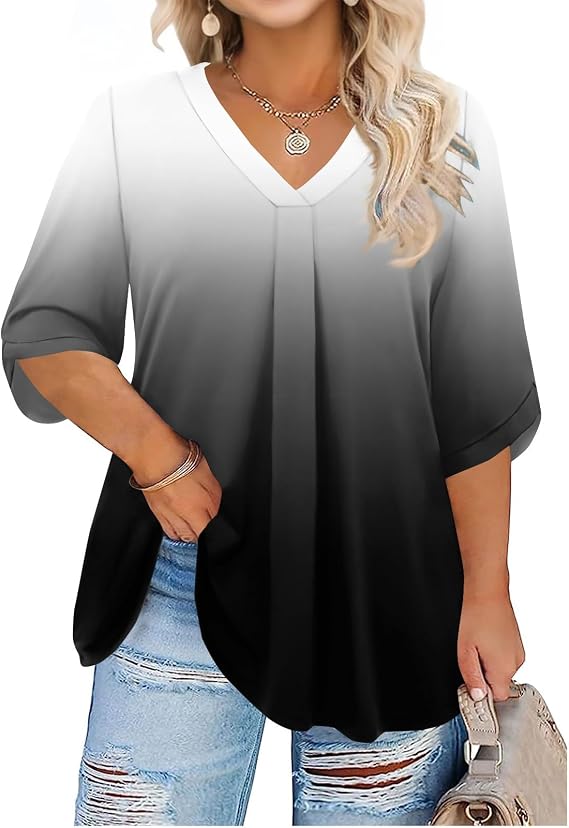 Plus Size 3/4 Sleeve Tops for Women Casual V Neck T Shirts Loose Fit Three Quarter Length Lightweight Work Blouses